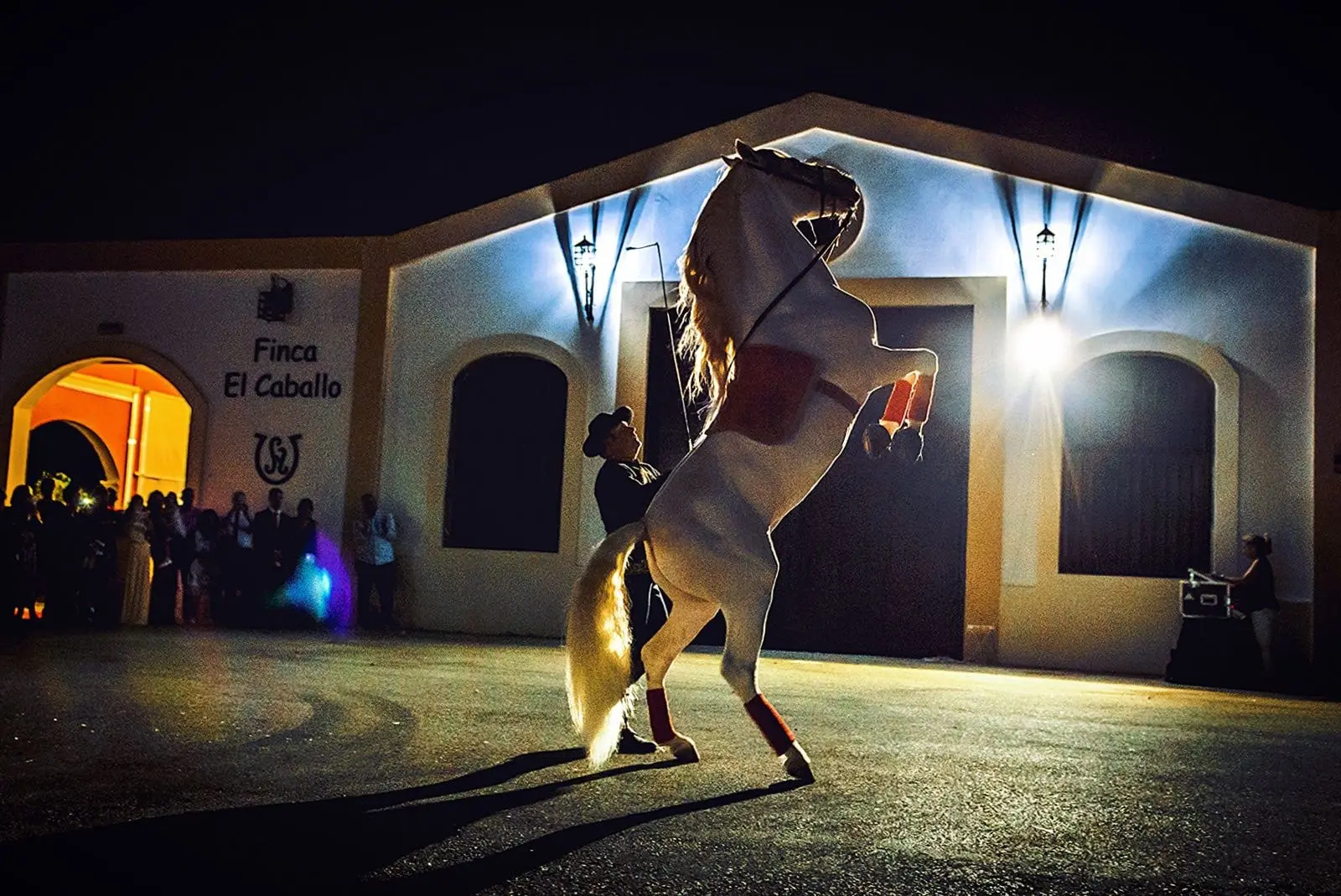 De noche, un caballo blanco se alza de manos ante la fachada iluminada mientras los invitados miran desde el arco